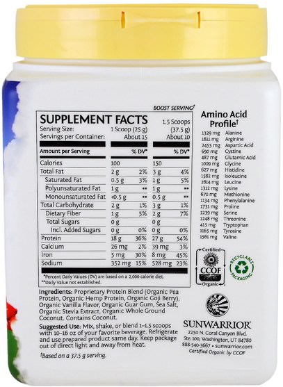 運動，鍛煉，蛋白質 - Sunwarrior, Warrior Blend, Plant-Based Organic Protein, Vanilla, 13.2 oz (375 g)