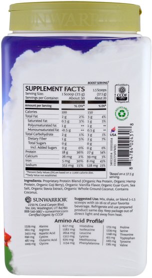 運動，鍛煉，蛋白質 - Sunwarrior, Warrior Blend, Plant-Based Organic Protein, Vanilla, 1.65 lb (750 g)