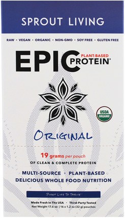 Epic Plant-Based Protein, Original, 16 Pouches, 1.2 oz (32 g) Each by Sprout Living, 補充劑，蛋白質 HK 香港