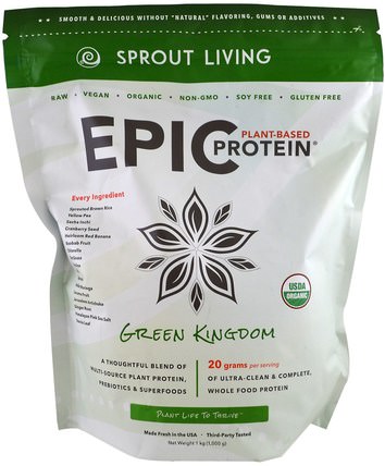 Epic Protein, Green Kingdom, 1 kg (1.000 g) by Sprout Living, 食品，米飯麵食湯和穀物，大米，補品，蛋白質，大米蛋白質 HK 香港