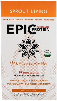 Organic Epic Plant-Based Protein, Vanilla Lucuma, 16 Pouches, 1.2 oz (32 g) Each by Sprout Living, 補充劑，蛋白質 HK 香港