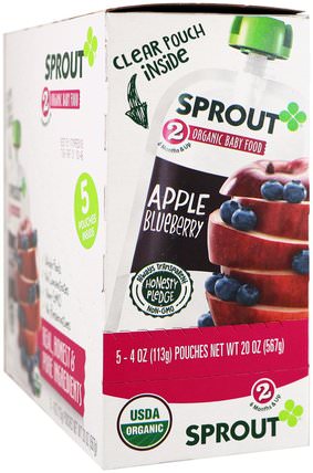 Stage 2, Apple, Blueberry, 5 Pouches, 4 oz (113 g) Each by Sprout Organic Baby Food, 兒童健康，嬰兒餵養 HK 香港