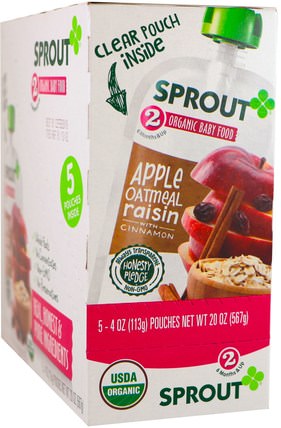 Stage 2, Apple, Oatmeal, Raisin with Cinnamon, 5 Pouches, 4 oz (113 g) Each by Sprout Organic Baby Food, 兒童健康，嬰兒餵養 HK 香港