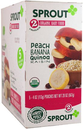 Stage 2, Peach, Banana, Quinoa, Raisin, 5 Pouches, 4 oz (113 g) Each by Sprout Organic Baby Food, 兒童健康，嬰兒餵養 HK 香港