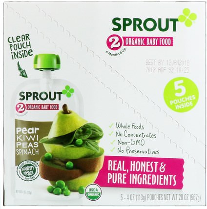 Stage 2, Pear, Kiwi, Peas, Spinach, 5 Pouches, 4 oz (113 g) Each by Sprout Organic Baby Food, 兒童健康，嬰兒餵養 HK 香港