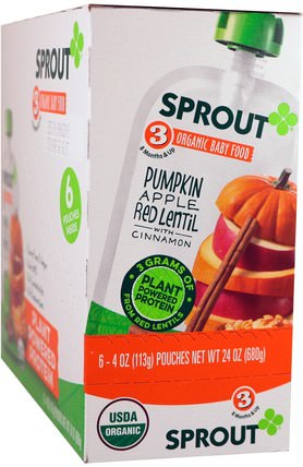Stage 3, Pumpkin, Apple, Red Lentil With Cinnamon, 6 Pouches, 4 oz (113 g) Each by Sprout Organic Baby Food, 兒童健康，嬰兒餵養 HK 香港