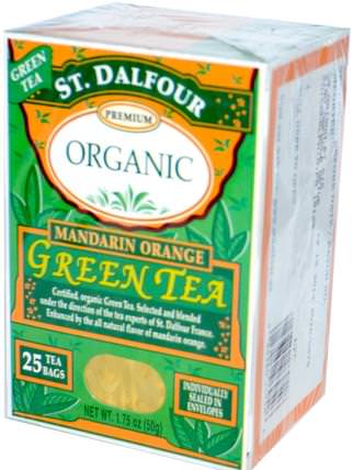 Organic Green Tea, Mandarin Orange, 25 Tea Bags, 1.75 oz (50 g) by St. Dalfour, 食物，涼茶，綠茶 HK 香港