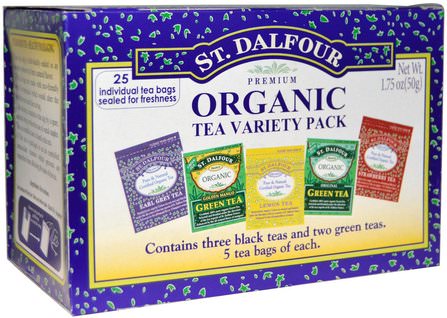 Organic Tea Variety Pack, 25 Tea Bags, 1.75 oz (50 g) by St. Dalfour, 補充劑，抗氧化劑，綠茶，食品，涼茶 HK 香港