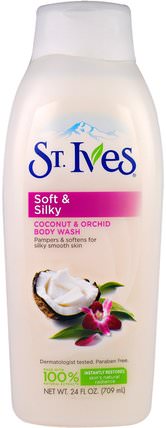 Soft & Silky, Body Wash, Coconut & Orchid, 24 fl oz (709 ml) by St. Ives, 洗澡，美容，沐浴露 HK 香港