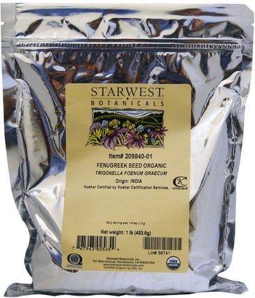 Fenugreek Seed Organic 1 lb (453.6 g) by Starwest Botanicals, 健康，血糖支持，胡蘆巴，食物，香料和調味料 HK 香港