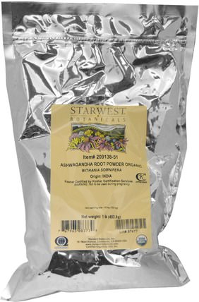 Organic Ashwagandha Root Powder, 1 lbs (453.6 g) by Starwest Botanicals, 補充劑，adaptogen，ashwagandha withania somnifera HK 香港