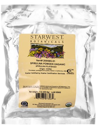 Spirulina Powder, Organic 1 lb (453.6 g) by Starwest Botanicals, 補充劑，螺旋藻 HK 香港