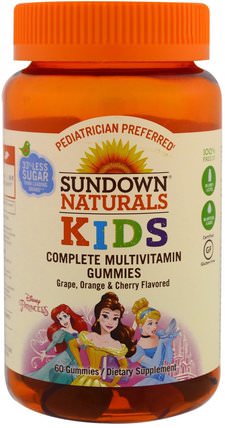 Kids, Complete Multivitamin Gummies, Disney Princess, Grape, Orange & Cherrry, 60 Gummies by Sundown Naturals Kids, 熱敏感產品，維生素 HK 香港