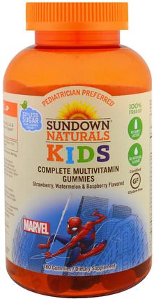 Kids, Complete Multivitamin Gummies, Marvel Spiderman, Strawberry, Watermelon & Raspberry, 180 Gummies by Sundown Naturals Kids, 維生素，多種維生素，兒童健康 HK 香港