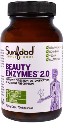 Beauty Enzymes 2.0, 700 mg, 90 Veggie Caps by Sunfood, 補品，超級食品，抗衰老 HK 香港