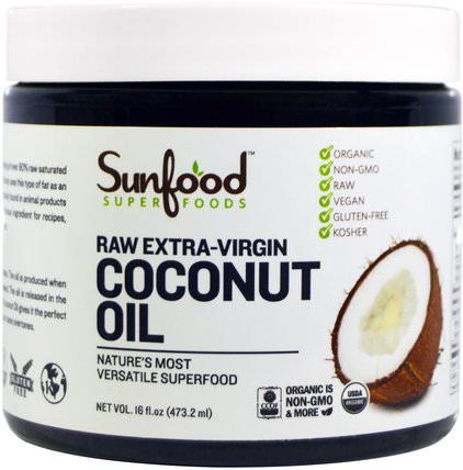 Coconut Oil, Raw Extra-Virgin, 16 fl oz (473.2 ml) by Sunfood, 食物，酮友好，椰子油 HK 香港