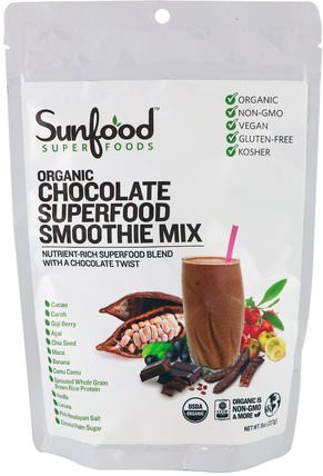 Organic Chocolate Superfood Smoothie Mix, 8 oz (227 g) by Sunfood, 補品，超級食品 HK 香港