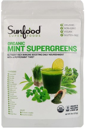 Organic Mint Supergreens, 8 oz (227 g) by Sunfood, 補品，超級食品 HK 香港