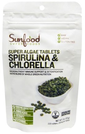 Spirulina & Chlorella, Super Algae Tablets, 250 mg, 228 Tablets by Sunfood, 補品，超級食品，螺旋藻 HK 香港