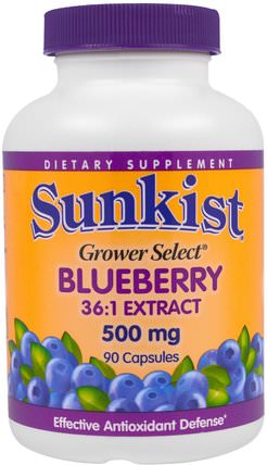 Grower Select, Blueberry, 36:1 Extract, 500 mg, 90 Capsules by Sunkist, 補充劑，抗氧化劑，藍莓 HK 香港