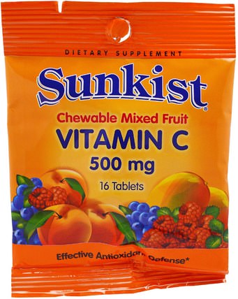Vitamin C, Chewable Mixed Fruit, 500 mg, 16 Tablets by Sunkist, 維生素，維生素C，維生素C咀嚼，健康，免疫支持 HK 香港