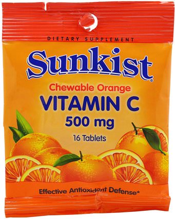 Vitamin C, Chewable Orange, 500 mg, 16 Tablets by Sunkist, 維生素，維生素C，維生素C咀嚼，健康，免疫支持 HK 香港