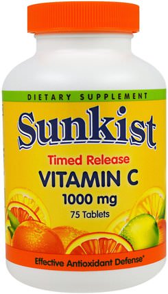 Vitamin C, Timed Release, 1000 mg, 75 Tablets by Sunkist, 維生素，維生素c，維生素c釋放時間 HK 香港