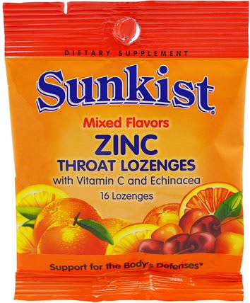Zinc, Throat Lozenges with Vitamin C and Echinacea, Mixed Flavors, 16 Lozenges by Sunkist, 維生素，維生素C，礦物質，鋅含片 HK 香港