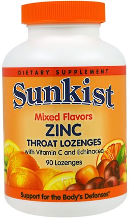 Zinc, Throat Lozenges, with Vitamin C and Echinacea, Mixed Flavors, 90 Lozenges by Sunkist, 補品，礦物質，鋅含片 HK 香港