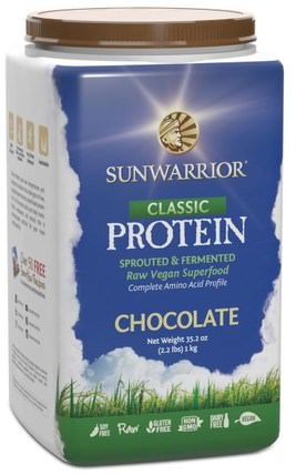 Classic Protein, Sprouted & Fermented Raw Vegan Superfood, Chocolate, 35.2 oz (1 kg) by Sunwarrior, 補充劑，蛋白質，太陽戰士經典蛋白質 HK 香港