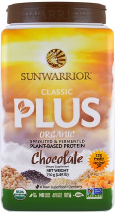 Organic Classic Plus, Chocolate, 1.65 lb (750 g) by Sunwarrior, 運動，鍛煉，蛋白質 HK 香港