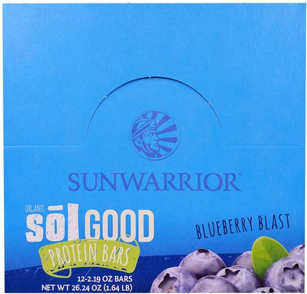 Organic Sol Good Protein Bars, Blueberry Blast, 12 Bars, 2.19 oz Each by Sunwarrior, 補充劑，蛋白質，運動蛋白質，運動，蛋白質棒 HK 香港