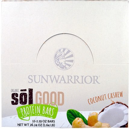 Organic Sol Good Protein Bars, Coconut Cashew, 12 Bars, 2.19 oz Each by Sunwarrior, 補充劑，蛋白質，運動蛋白質，運動，蛋白質棒 HK 香港