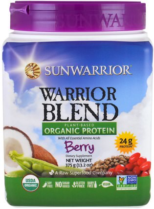Warrior Blend, Plant-Based Organic Protein, Berry, 13.2 oz (375 g) by Sunwarrior, 運動，鍛煉，蛋白質 HK 香港