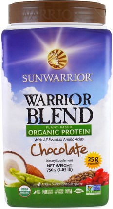 Warrior Blend, Plant-Based Organic Protein, Chocolate, 1.65 lb (750 g) by Sunwarrior, 運動，鍛煉，蛋白質 HK 香港