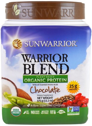 Warrior Blend, Plant-Based Organic Protein, Chocolate, 13.2 oz (375 g) by Sunwarrior, 運動，鍛煉，蛋白質 HK 香港