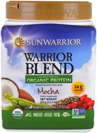 Warrior Blend, Plant-Based Organic Protein, Mocha, 13.2 oz (375 g) by Sunwarrior, 運動，鍛煉，蛋白質 HK 香港