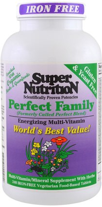 Perfect Family, Energizing Multi-Vitamin, Iron Free, 240 Vegetarian Food-Based Tablets by Super Nutrition, 維生素，多種維生素，超級食物 HK 香港
