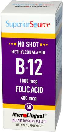 Methylcobalamin B-12, 1000 mcg, Folic Acid 400 mcg, 60 MicroLingual Instant Dissolve Tablets by Superior Source, 維生素，維生素b，維生素b12，維生素b12 - 甲基鈷胺素 HK 香港