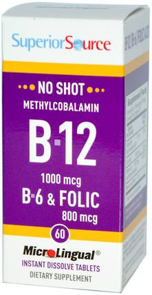 Methylcobalamin B-12, 1000 mcg, B-6 & Folic Acid 800 mcg, 60 MicroLingual Instant Dissolve Tablets by Superior Source, 維生素，維生素b，維生素b12，維生素b12 - 甲基鈷胺素 HK 香港