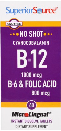 Cyanocobalamin B-12, 1000 mcg, B-6 & Folic Acid 800 mcg, 60 MicroLingual Instant Dissolve Tablets by Superior Source, 維生素，維生素b，維生素b12，維生素b12 - cyanocobalamin HK 香港