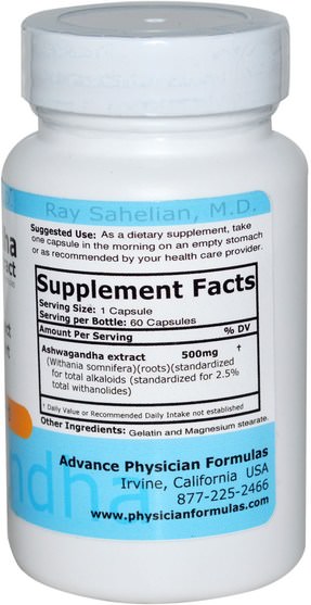 補充劑，adaptogen，ashwagandha withania somnifera - Advance Physician Formulas, Ashwagandha Extract, 500 mg, 60 Capsules