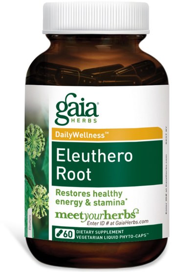 補充劑，adaptogen，感冒和病毒，人參，eleuthero - Gaia Herbs, DailyWellness, Eleuthero Root, 60 Vegetarian Liquid Phyto-Caps
