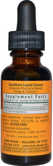 補充劑，adaptogen，感冒和病毒，人參，eleuthero - Herb Pharm, Eleuthero, 1 fl oz (30 ml)