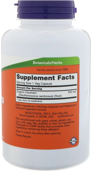 補充劑，adaptogen，感冒和病毒，人參，eleuthero - Now Foods, Eleuthero, 500 mg, 250 Veg Capsules