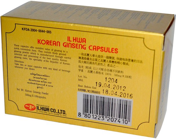補充劑，adaptogen，感冒和病毒，人參韓國 - Ilhwa, Korean Ginseng Capsules, 500 mg, 100 Capsules