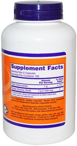 補充劑，adaptogen，感冒和病毒，人參 - Now Foods, Panax Ginseng, 500 mg, 250 Capsules