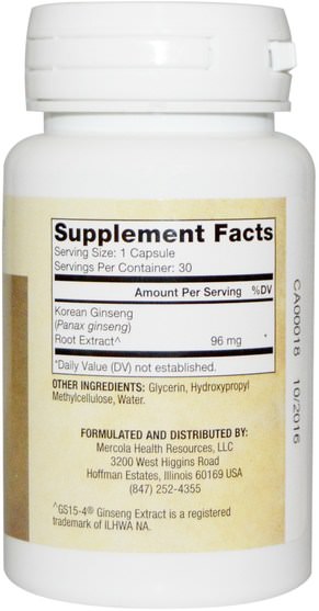 補充劑，adaptogen - Dr. Mercola, Fermented Ginseng, 30 Capsules