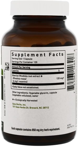 補充劑，適應原，健康，抗壓力 - Gaia Herbs, Rhodiola Rosea, 120 Vegetarian Liquid Phyto-Caps
