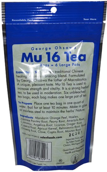 補充劑，adaptogen，涼茶 - Eden Foods, Mu 16 Tea, with Panax Ginseng, 6 Tea Bags, 1.3 oz (38 g)